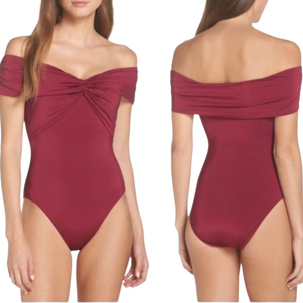 Trina Turk Off-Shoulder Twist One-Piece Swimsuit in Wine